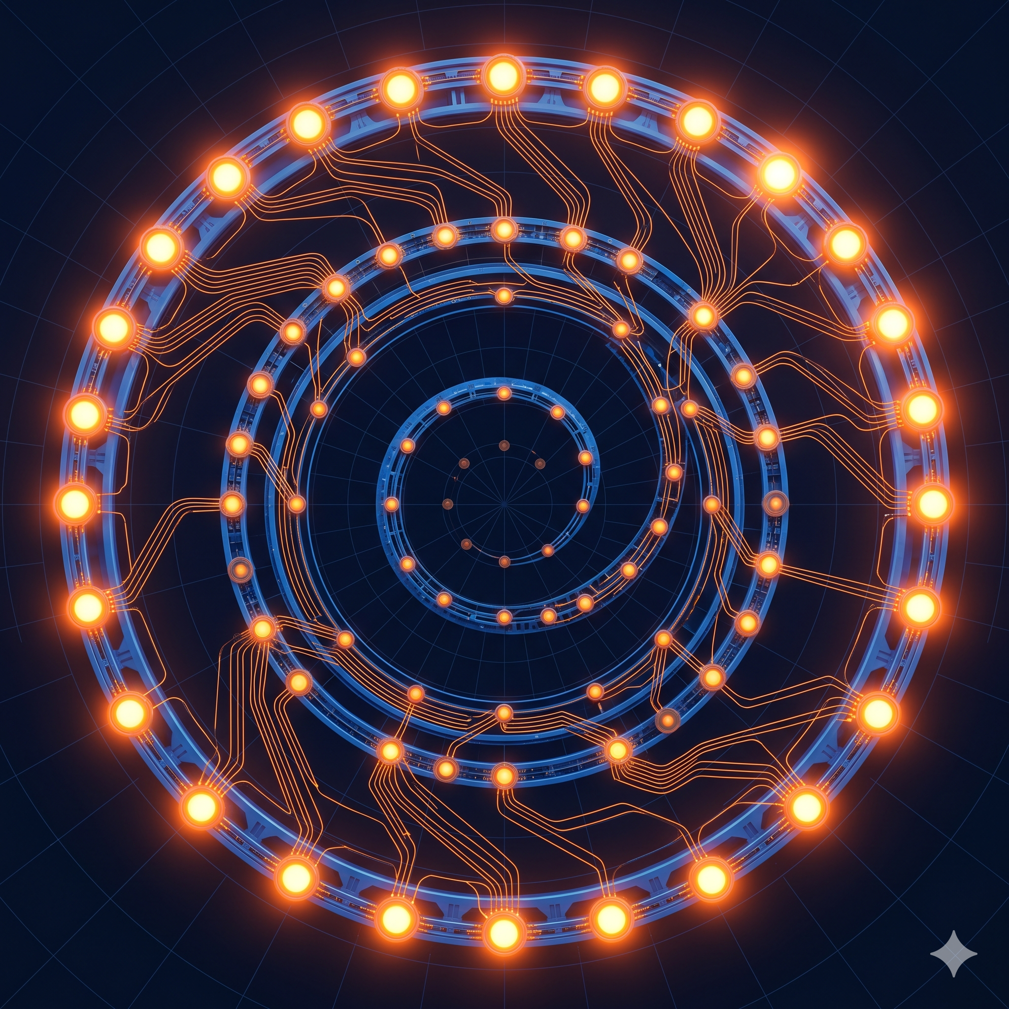 Compounding network effects — expanding spiral of interconnected signal nodes growing in value