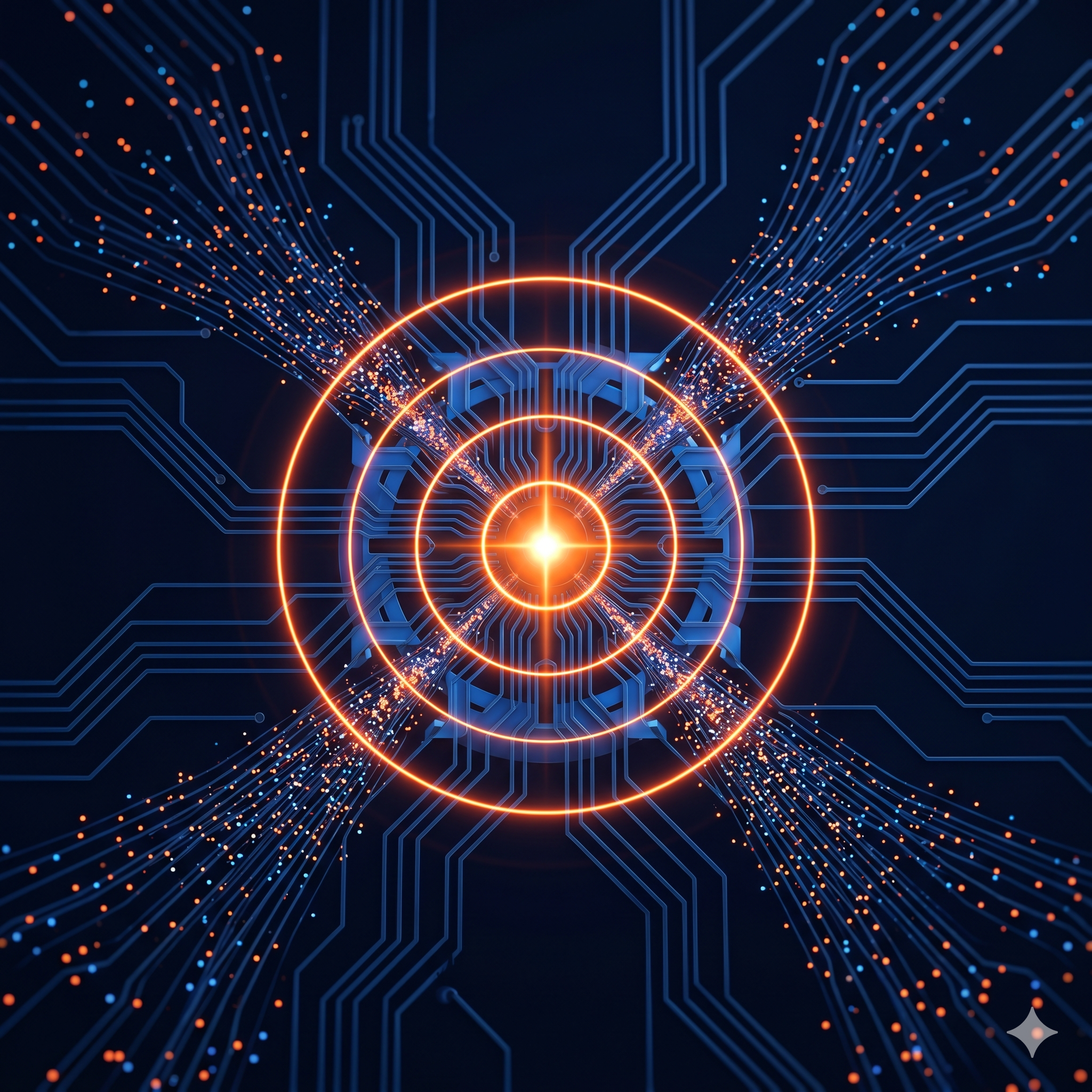 Visualization of signal capture at the moment of impression — data particles converging on a central pulse