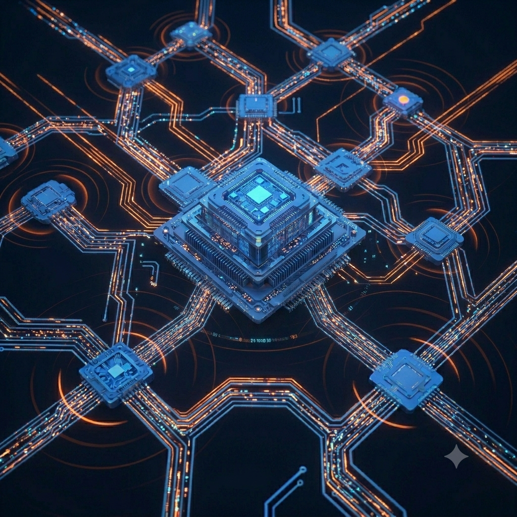 GrowthCode signal infrastructure — a chip-and-bus visual representing the rails that carry first-party signal data