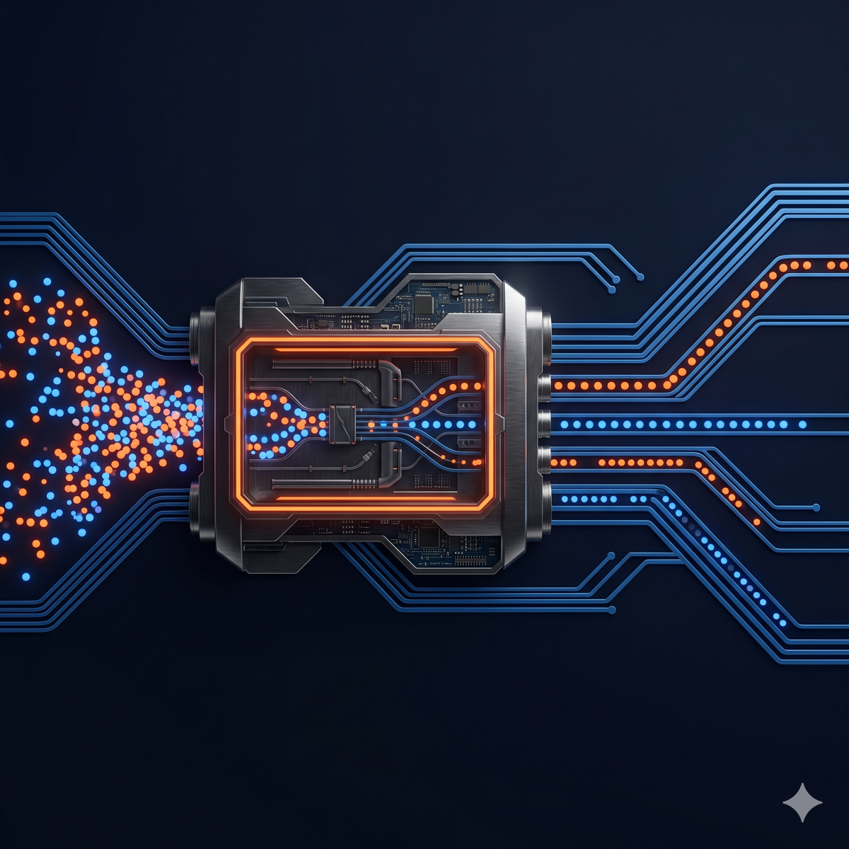 Signal routing visualization — sorting station organizing mixed signals into buyer-preferred formats